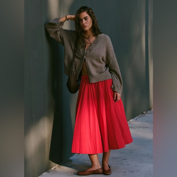 Free People Free-est Lowen Summer Cotton Midi Skirt in Cherry Red size Large - Picture 4 of 13